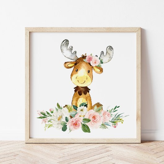 eland, bosdieren, boho, roze bloemen poster