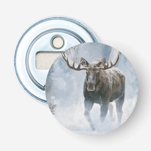 Eland loopt door boreale sneeuw button flesopener (Voorkant)