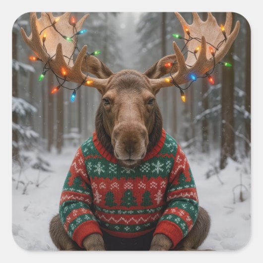 Eland met lelijke kersttrui vierkante sticker (Voorkant)