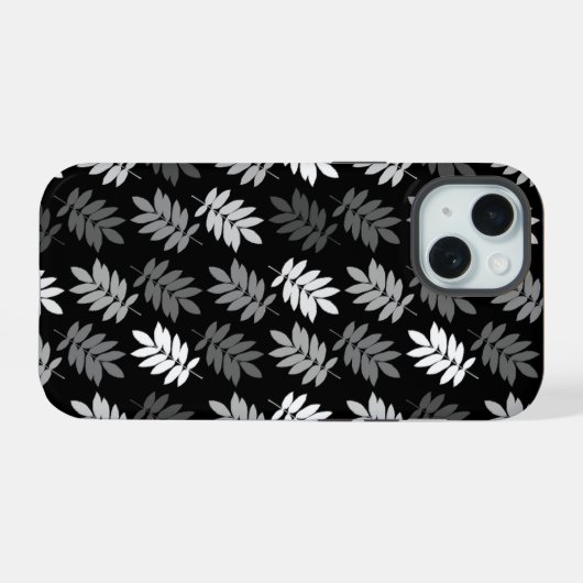 Elder Leaf Pattern Black White Grey iPhone 15 Case (Achterkant horizontaal)