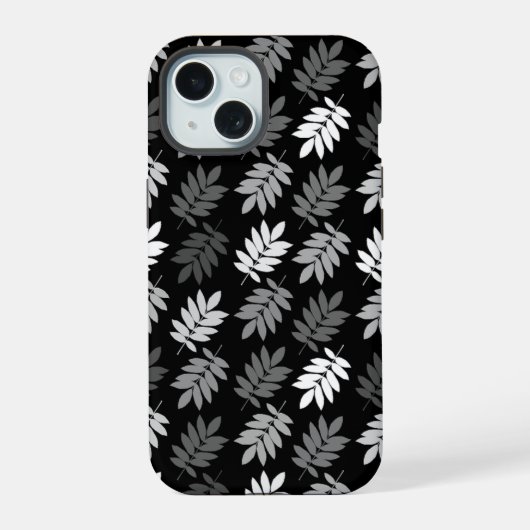 Elder Leaf Pattern Black White Grey iPhone 15 Case (Achterkant)