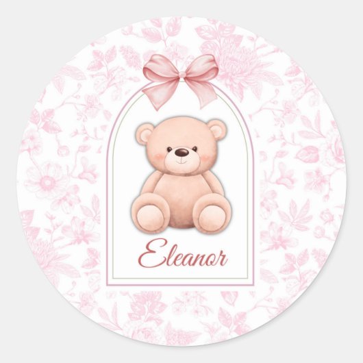 Eleanor | Aangepaste Roze Teddybeer Nursery Design Ronde Sticker (Voorkant)