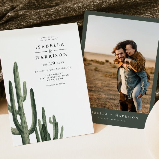 ELEANOR Modern Bohemian Green Cactus Foto Wedding Kaart