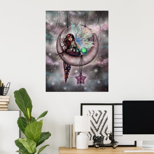 Electra Fae Fairy over Moon Fantasy Artwork Poster (Thuiskantoor)