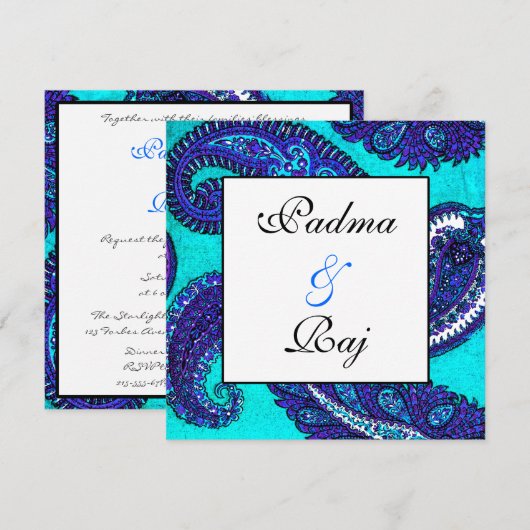 Electric Aqua Paisley Wedding Invitation Kaart (Voorkant / Achterkant)
