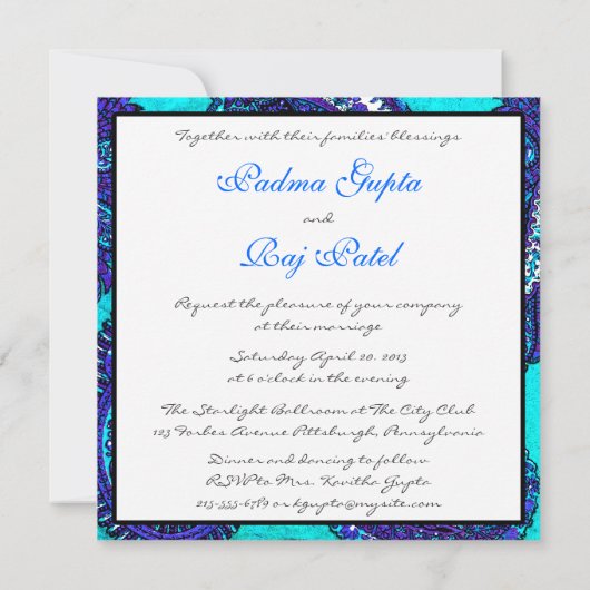 Electric Aqua Paisley Wedding Invitation Kaart (Achterkant)