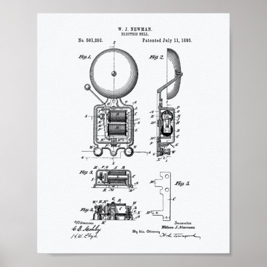 Electric Bell 1893 Patent Art - Witboek Poster (Voorkant)