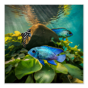 Electric Blue Acara Cichlids Zebra Pleco Fish Art Perfect Poster