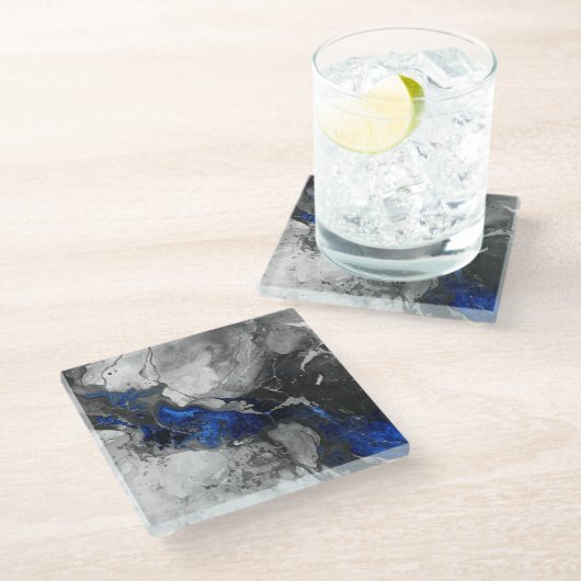 Electric Blue, Black and Grey Marble print Glazen Onderzetter (Schuin)