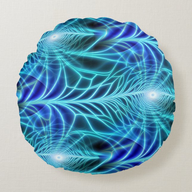 Electric Blue Luminous Fractal Repeating Pattern Rond Kussen (Voorkant)