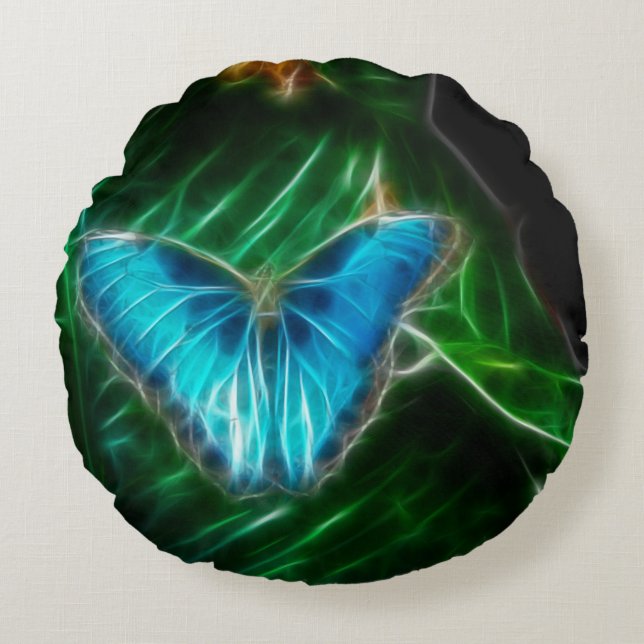 Electric Blue Morpho Butterfly Fractal Rond Kussen (Voorkant)