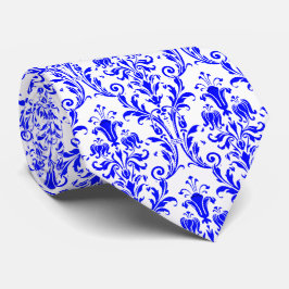 Electric Blue White Floral Damask Stropdas