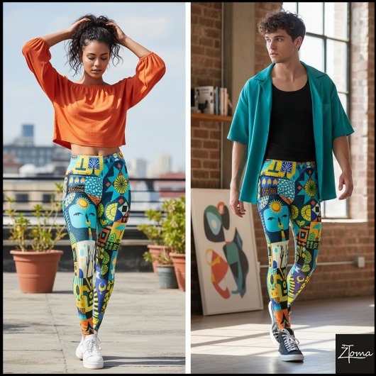 Electric Blue Yellow Folk Art Quilt Leggings