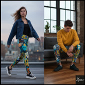 Electric Blue Yellow Folk Art Quilt Leggings