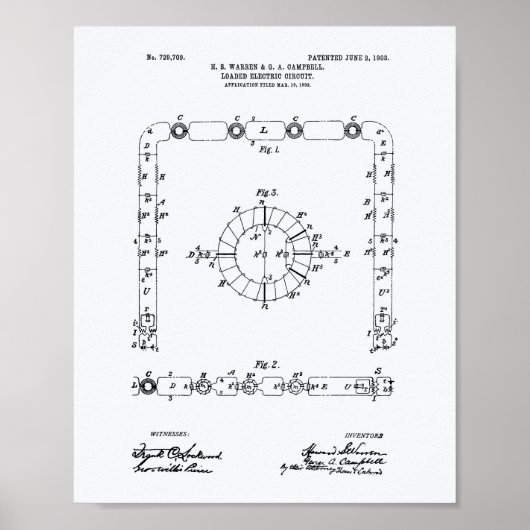 Electric Circuit 1903 Patent Art White Paper Poster (Voorkant)