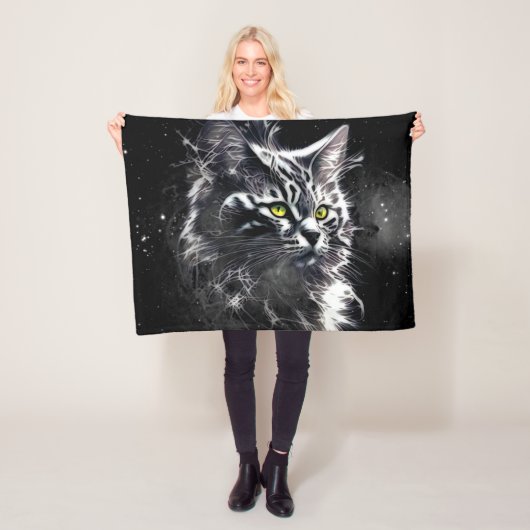 Electric Fractal Black Cat Glow Blanket Fleece Deken (In situ)