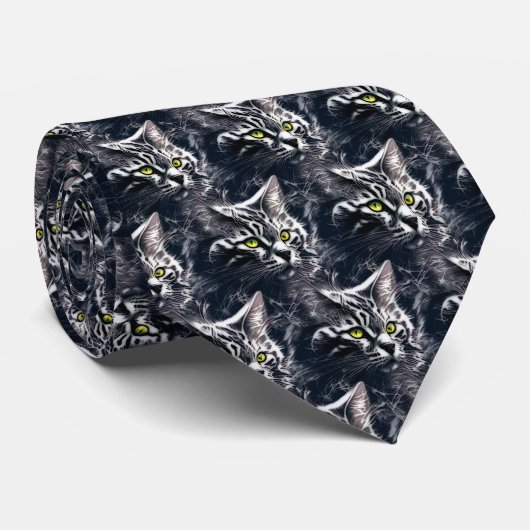 Electric Fractal Cat Neon Cyberpunk Tie Stropdas (Opgerold)