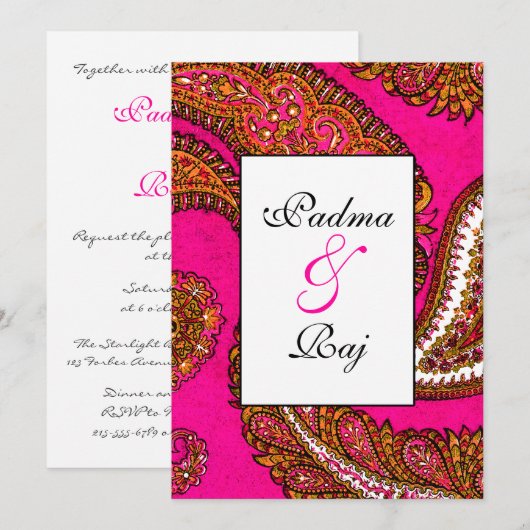 Electric Fuscia Paisley Wedding Invitation Kaart (Voorkant / Achterkant)