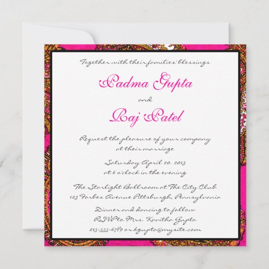 Electric Fuscia Paisley Wedding Invitation Kaart (Achterkant)