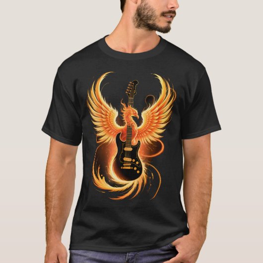 Electric Guitar With Fiery Winged Silhouette In Bl T-shirt (Voorkant)