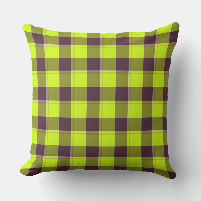 Electric Lime and Livid Brown Plaid Kussen (Voorkant)