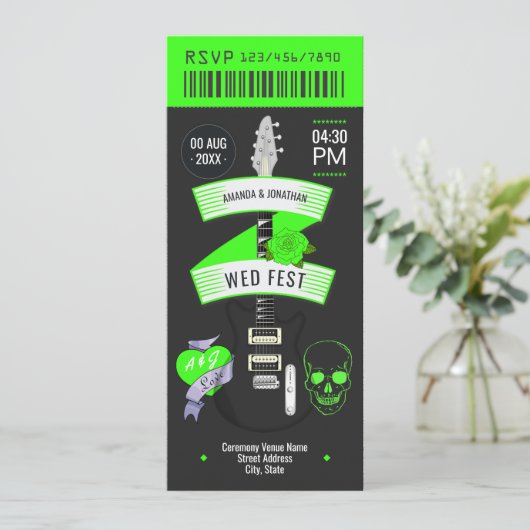 Electric Lime Rock ’n’ Roll Wedding Ticket Kaart (Staand voorkant)