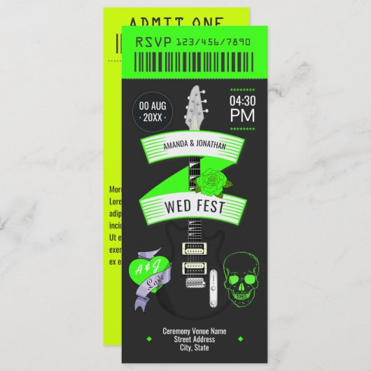 Electric Lime Rock ’n’ Roll Wedding Ticket Kaart (Voorkant / Achterkant)