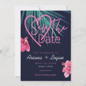 Electric Love Neon Pink Floral & Tropical Retro Save The Date (Voorkant)