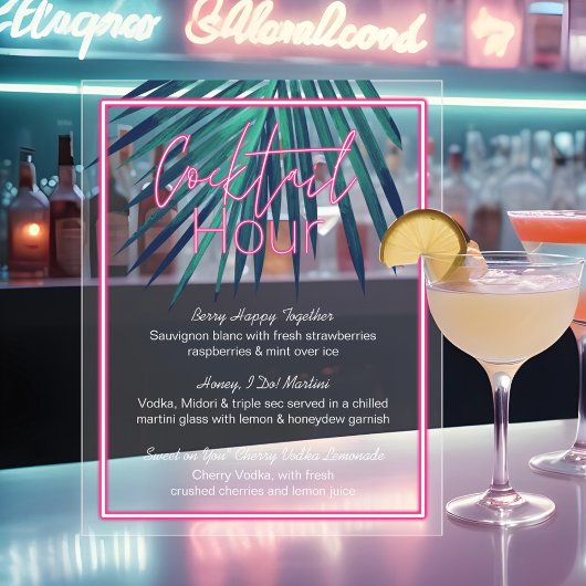 Electric Love Neon Pink Tropical Retro Cocktail Acryl Bord