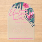 Electric Love Neon Pink Tropical Retro Wedding Acryl Uitnodigingen (Voorkant)