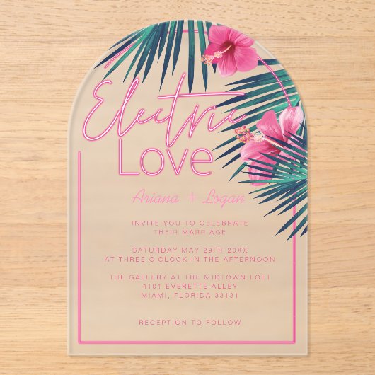 Electric Love Neon Pink Tropical Retro Wedding Acryl Uitnodigingen (Voorkant)