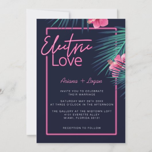 Electric Love Neon Pink Tropical Retro Wedding Kaart (Voorkant)