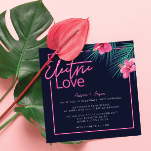 Electric Love Neon Pink Tropical Retro Wedding Kaart