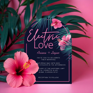 Electric Love Neon Pink Tropical Retro Wedding Kaart