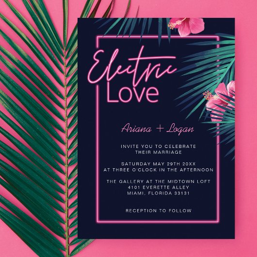 Electric Love Neon Pink Tropical Retro Wedding Kaart