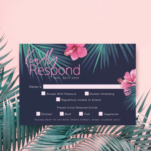 Electric Love Neon Pink Tropical Retro Wedding RSVP Kaartje