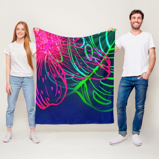 Electric Luau Tropical Night Neon Aloha Fleece Deken (In situ)