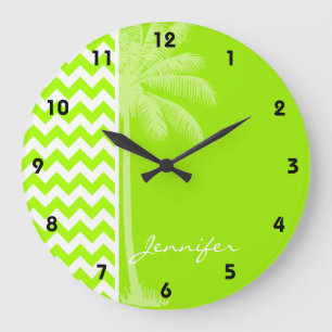 Electric Neon Lime Green Chevron; Tropische palm Grote Klok