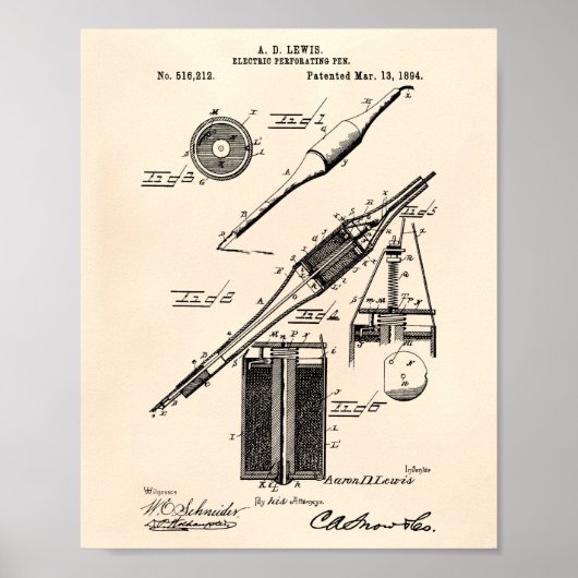 Electric Pen 1894 Patent Art Old Peper Poster (Voorkant)