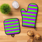 Electric Psychedelic Paarse en Harlequin Groen Ovenwant & Pannenlap Set (Top down)