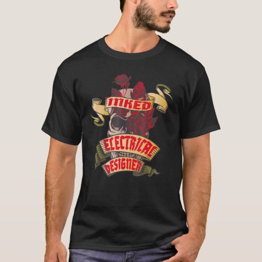Electrical Designer Inked Skull & Red Roses Tattoo T-shirt (Voorkant)