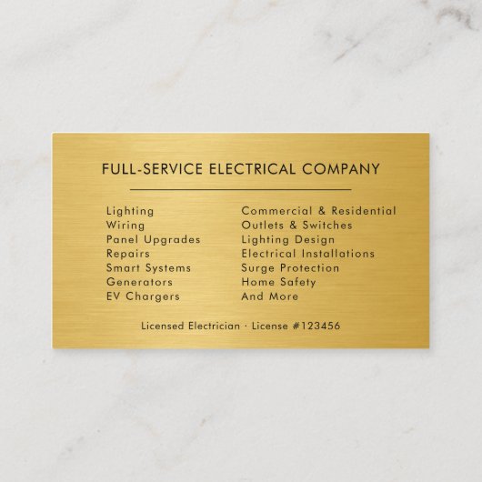Electrical Services Electrician Gold Metallic Visitekaartje (Achterkant)