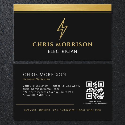 Electrician Black & Gold Metallic QR Code Visitekaartje
