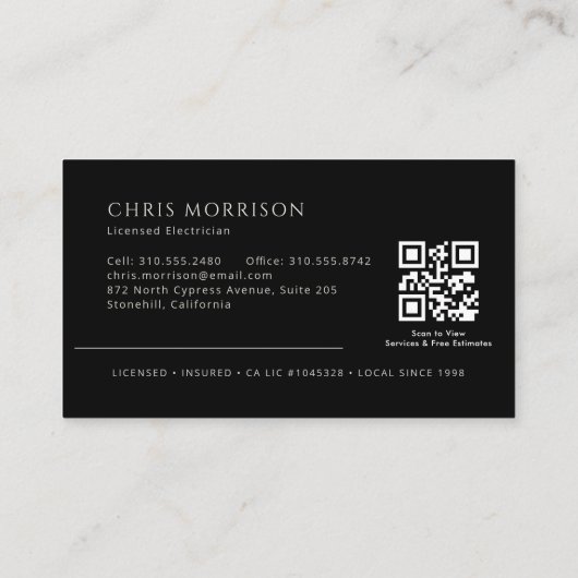 Electrician Black & Silver Professional QR Code Visitekaartje (Achterkant)