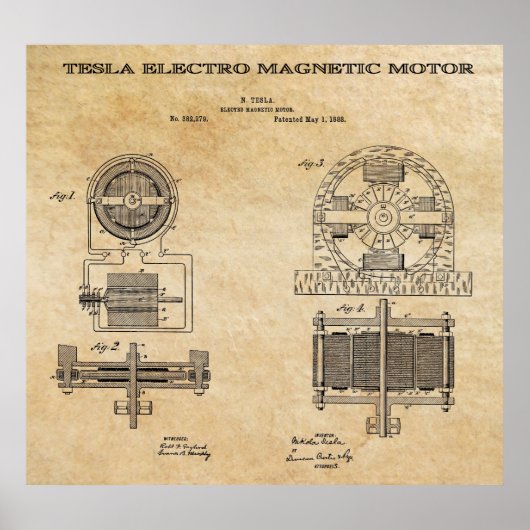 ELECTRO MAGNETISCHE MOTOR PATENT MET TESLA 1888 POSTER (Voorkant)