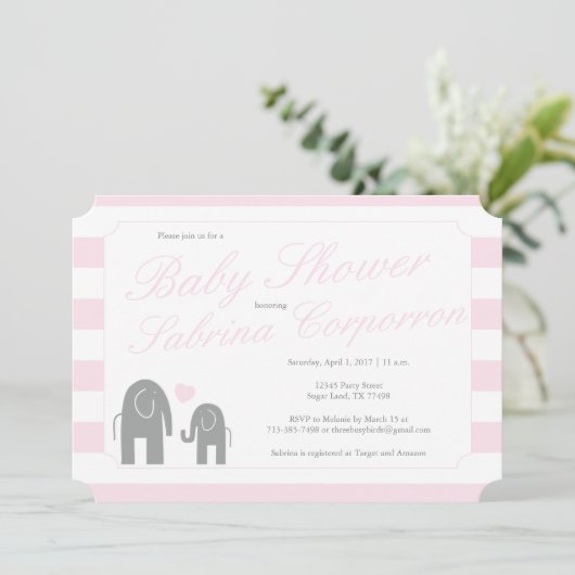 Elefant Baby shower met strepen - lichtroze Kaart (Staand voorkant)