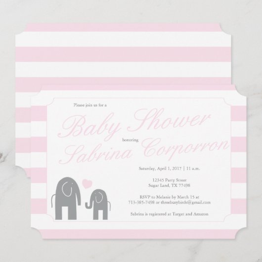 Elefant Baby shower met strepen - lichtroze Kaart (Voorkant / Achterkant)