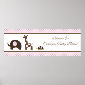 Elefant & Giraffe in roze Baby shower banner Poster