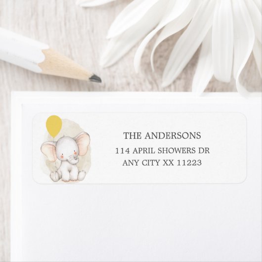 Elefant met geel ballonbaby shower etiket (Insitu)