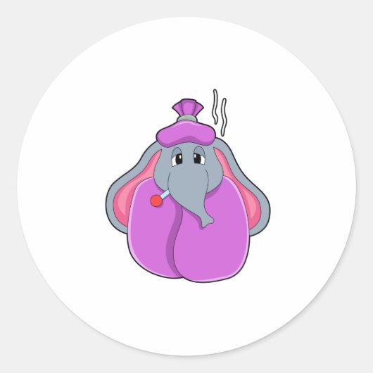 Elefant met koortsthermometer ronde sticker (Voorkant)